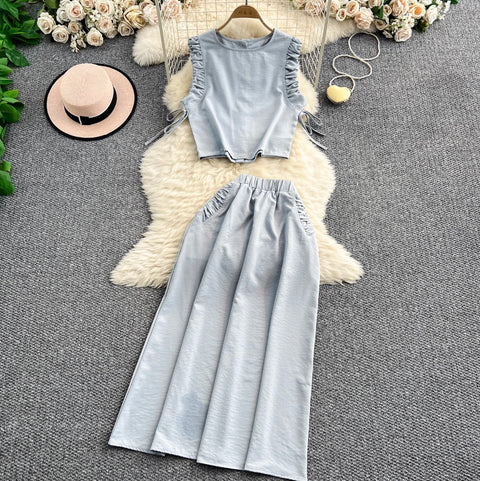 Pleated Top & High-waist Skirt 2Pcs