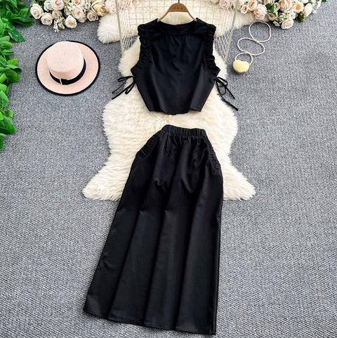 Pleated Top & High-waist Skirt 2Pcs