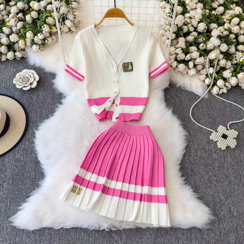 Embroidery Cardigan & Pleated Skirt 2Pcs
