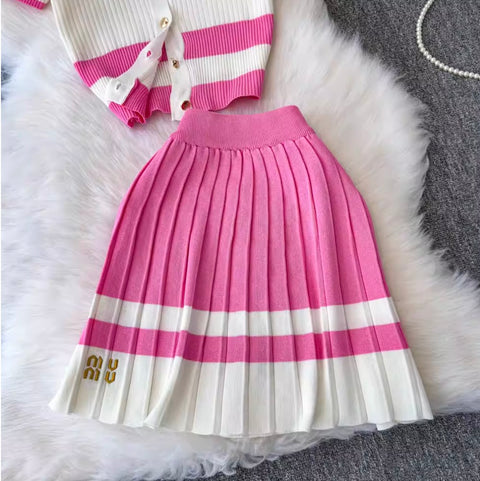 Embroidery Cardigan & Pleated Skirt 2Pcs