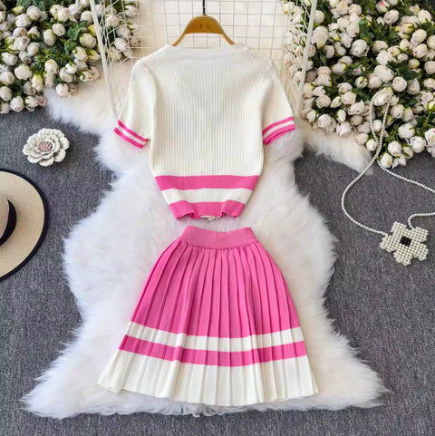 Embroidery Cardigan & Pleated Skirt 2Pcs