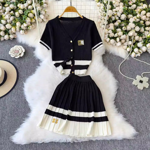 Embroidery Cardigan & Pleated Skirt 2Pcs