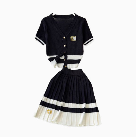 Embroidery Cardigan & Pleated Skirt 2Pcs
