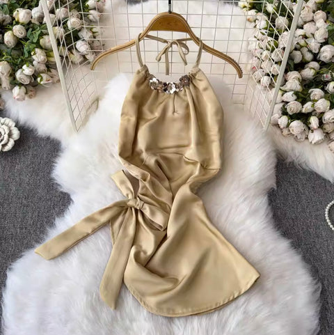 Halter Satin Top & Sequined Skirt 2Pcs