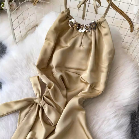 Halter Satin Top & Sequined Skirt 2Pcs