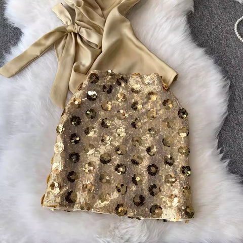 Halter Satin Top & Sequined Skirt 2Pcs