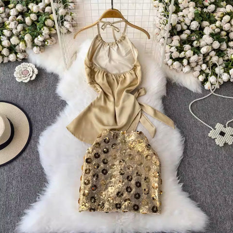 Halter Satin Top & Sequined Skirt 2Pcs