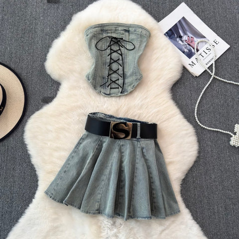 Lace-up Top & Pleated Skirt Denim 2Pcs