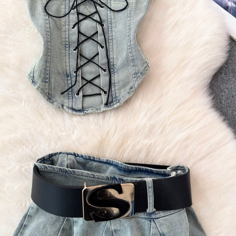 Lace-up Top & Pleated Skirt Denim 2Pcs