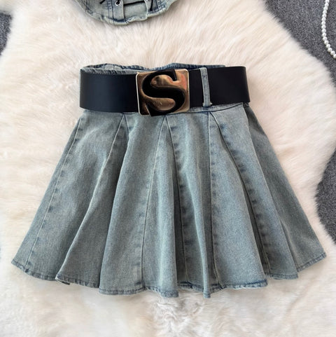 Lace-up Top & Pleated Skirt Denim 2Pcs