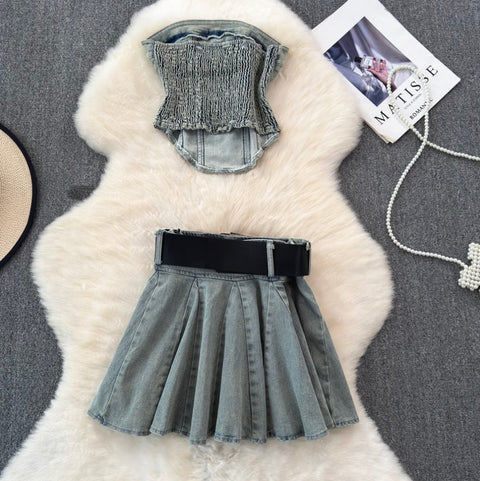 Lace-up Top & Pleated Skirt Denim 2Pcs