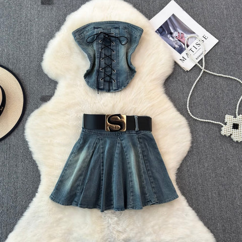 Lace-up Top & Pleated Skirt Denim 2Pcs