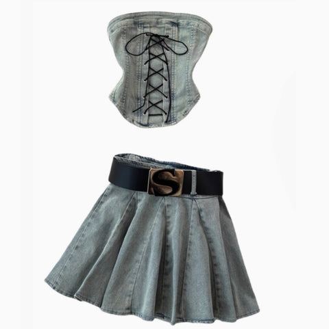 Lace-up Top & Pleated Skirt Denim 2Pcs