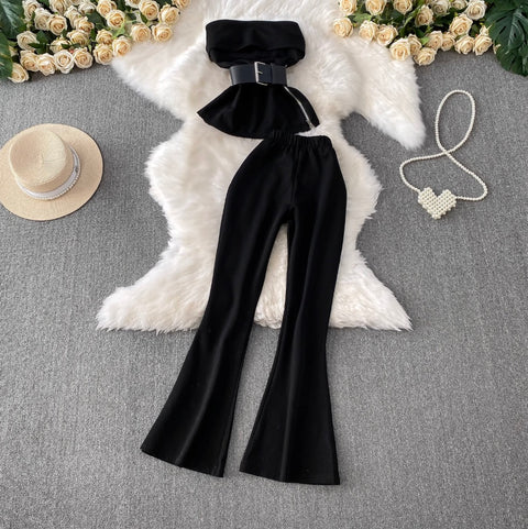 Off-shoulder Top & Flared Trousers 2Pcs