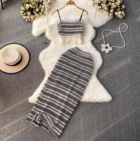 Black & White Fringed Camisole & Skirt