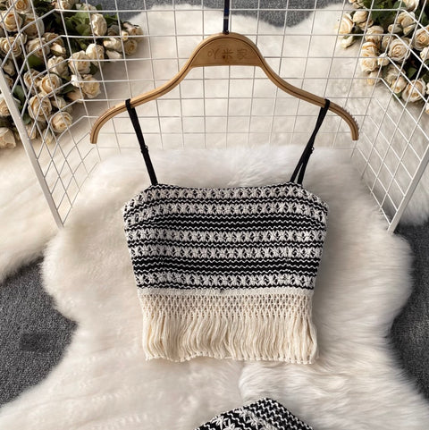 Black & White Fringed Camisole & Skirt