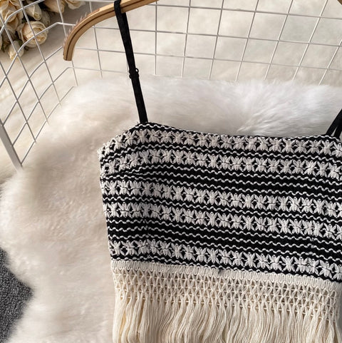 Black & White Fringed Camisole & Skirt