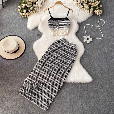 Black & White Fringed Camisole & Skirt