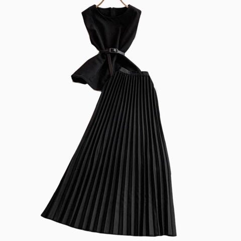 Buckled Top & Pleated Skirt 2Pcs