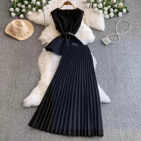 Buckled Top & Pleated Skirt 2Pcs