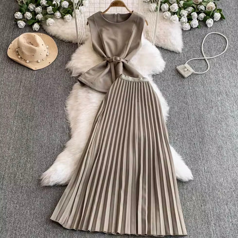 Buckled Top & Pleated Skirt 2Pcs