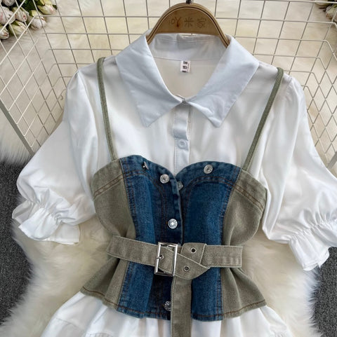 Denim Vest & White Shirt Dress 2Pcs