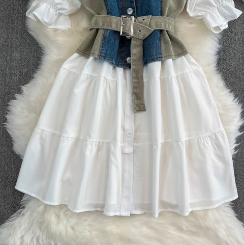 Denim Vest & White Shirt Dress 2Pcs