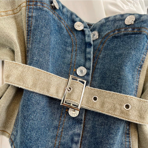 Denim Vest & White Shirt Dress 2Pcs