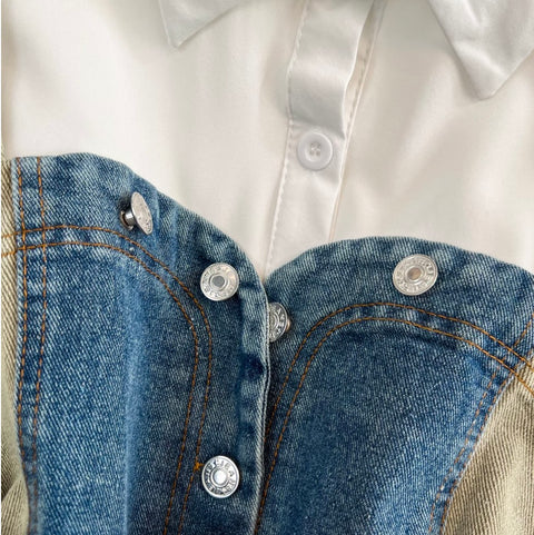 Denim Vest & White Shirt Dress 2Pcs