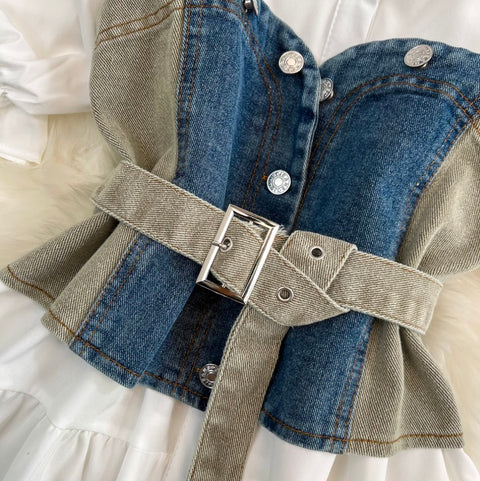 Denim Vest & White Shirt Dress 2Pcs