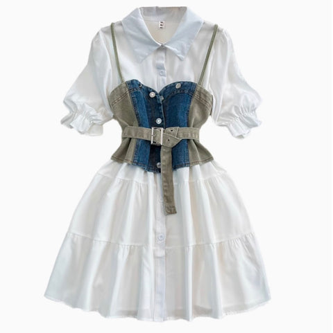 Denim Vest & White Shirt Dress 2Pcs