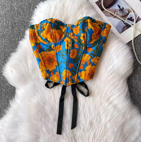 Black Lace-up Floral Printed Top