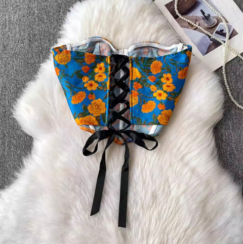 Black Lace-up Floral Printed Top