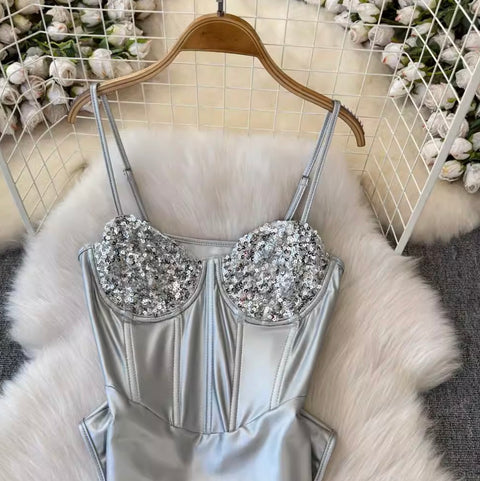 Sexy Silver Sequined Slip Jumpsuit