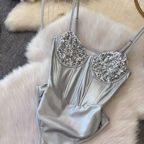 Sexy Silver Sequined Slip Jumpsuit