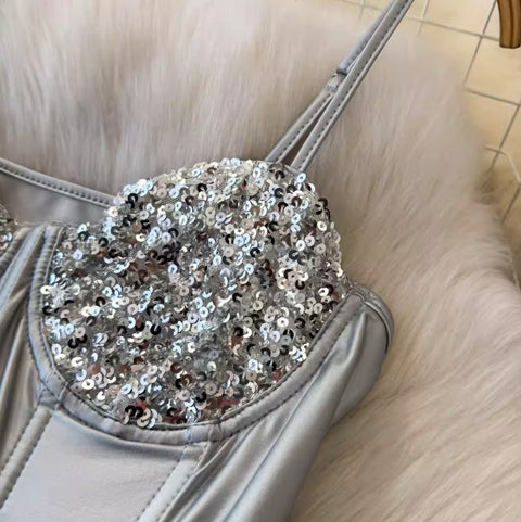 Sexy Silver Sequined Slip Jumpsuit