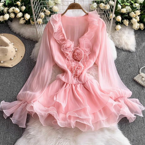 V-neck 3D Ruffled Princess Dress