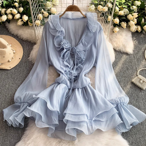 V-neck 3D Ruffled Princess Dress