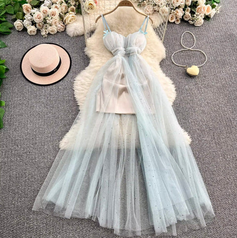 Fairy Blue Rhinestone Studded Slip Dress