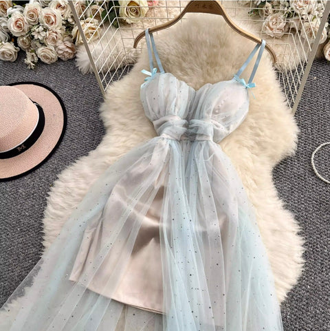 Fairy Blue Rhinestone Studded Slip Dress