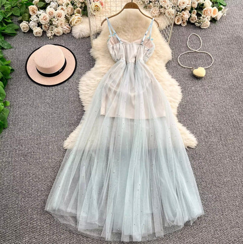 Fairy Blue Rhinestone Studded Slip Dress