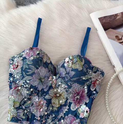 Sequined Backless Denim Camisole