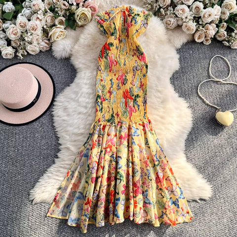 Off-shoulder Butterfly Printed Fishtail Dress