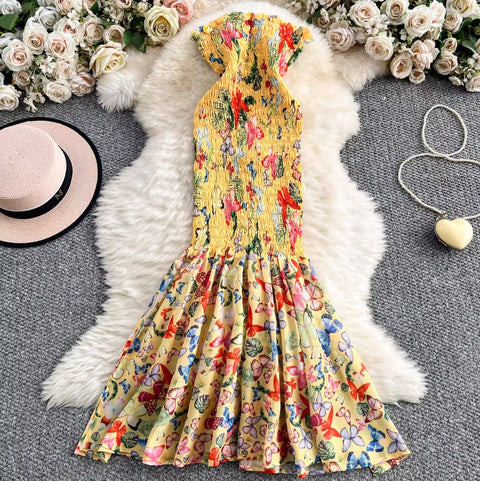 Off-shoulder Butterfly Printed Fishtail Dress
