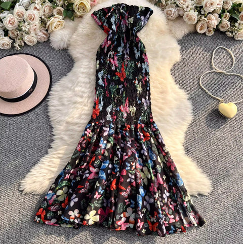 Off-shoulder Butterfly Printed Fishtail Dress