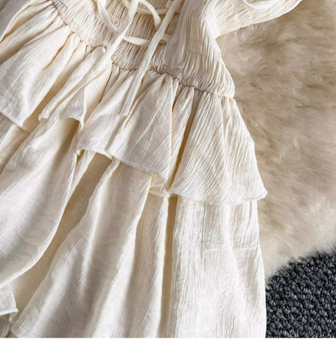 Lace-up Layered Ruffled Creamy Dress