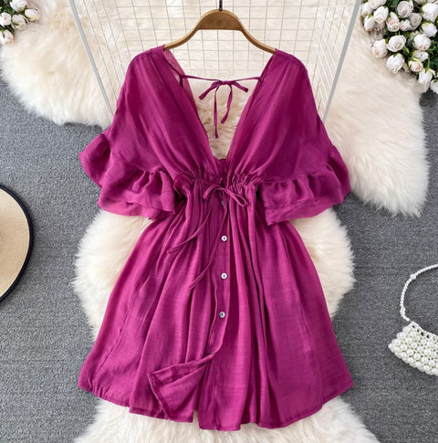 Deep V-neck Drawstring Sunscreen Dress