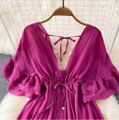 Deep V-neck Drawstring Sunscreen Dress