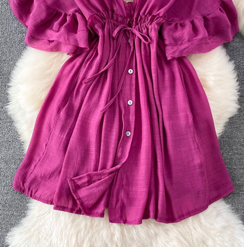 Deep V-neck Drawstring Sunscreen Dress