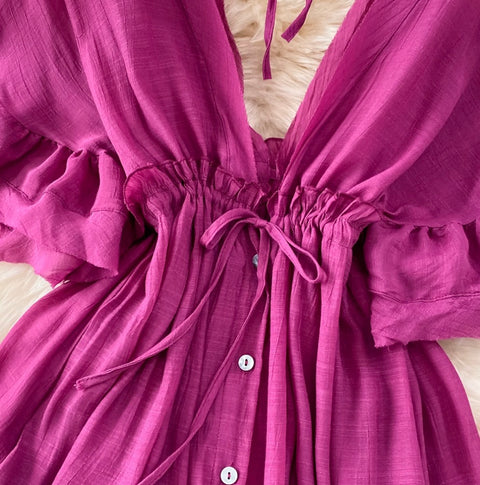 Deep V-neck Drawstring Sunscreen Dress